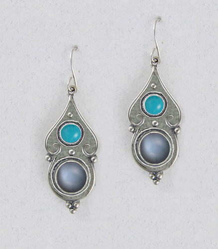 Sterling Silver Gothic Look With Grey Moonstone And Turquoise Gemstone Drop Dangle Earrings
